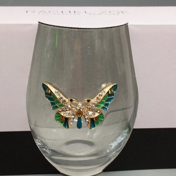 4 Rachel Zoe Rhinestone Teal Gold Butterfly Stemless Wine Glass Set Jewel Summer - Picture 2 of 8
